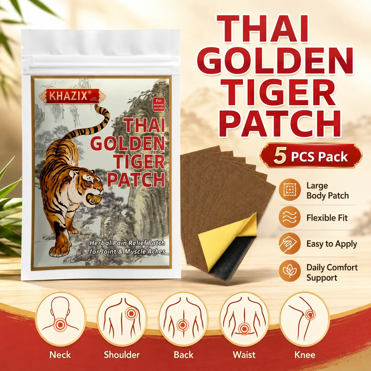 5PCS Thai Golden Tiger Patch Large Body Comfort Patch Flexible Fit Easy to Apply for Neck Shoulder Back Waist Knee