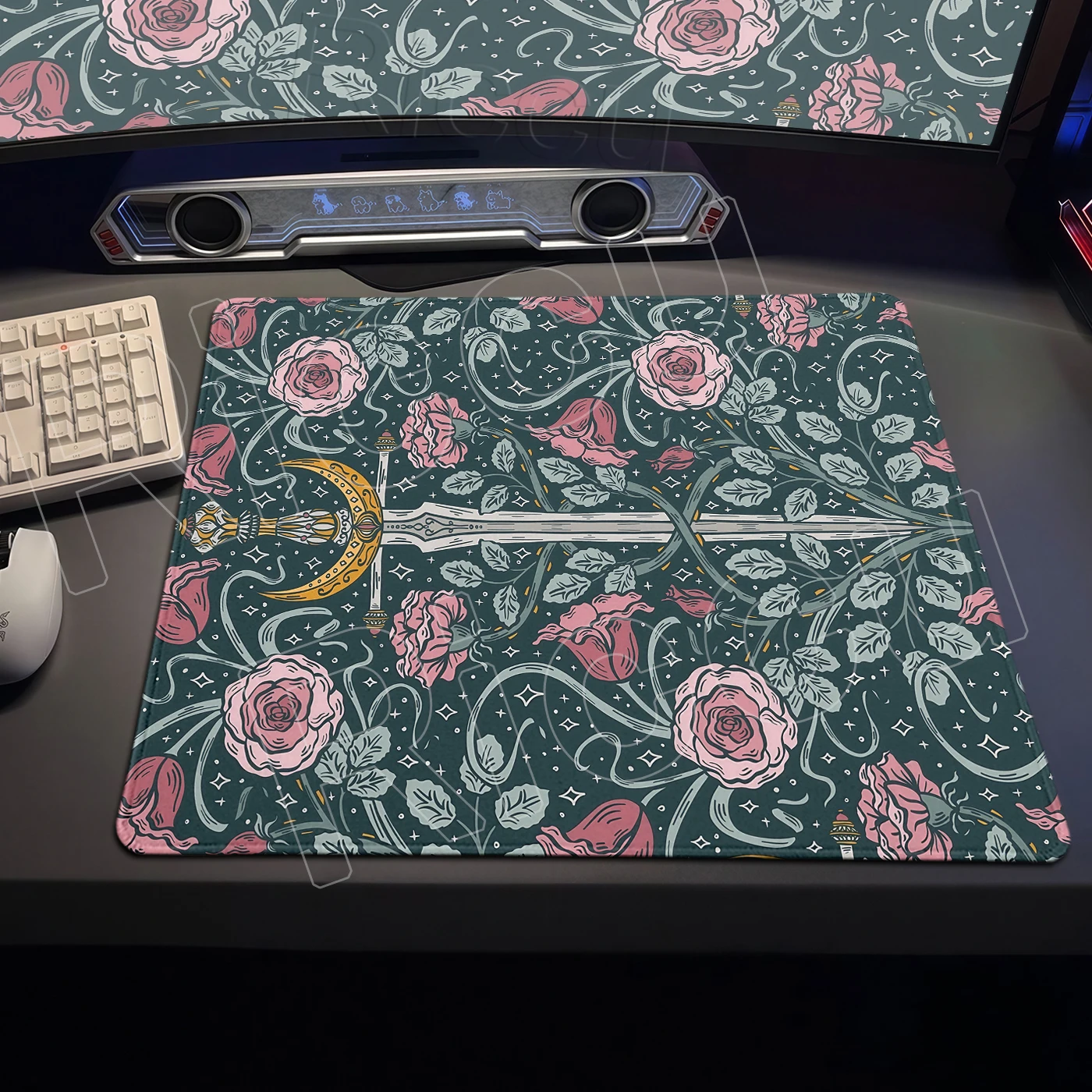 Sword Aesthetics Mouse Pad Retro Floral Rose Desk Mat Office Lock Edge Mousepad Laptop Non-Slip Small Desk Mat Desks Accessories