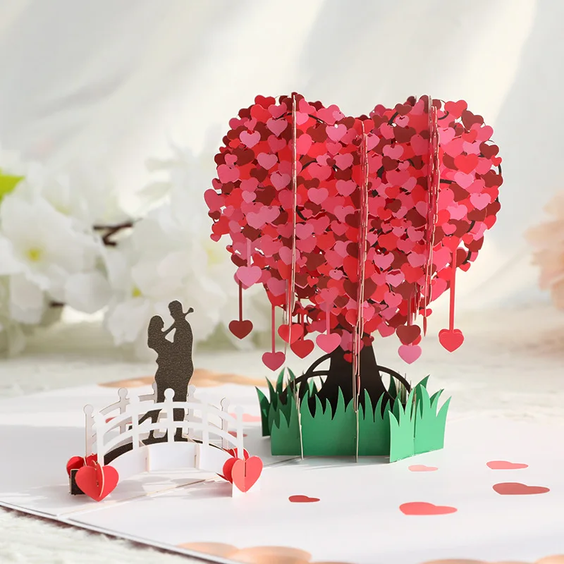 

3D Standing Heart Greeting Card - Romantic Qixi/Valentine's Day Pop-Up Card, Floral Love Note for Couples