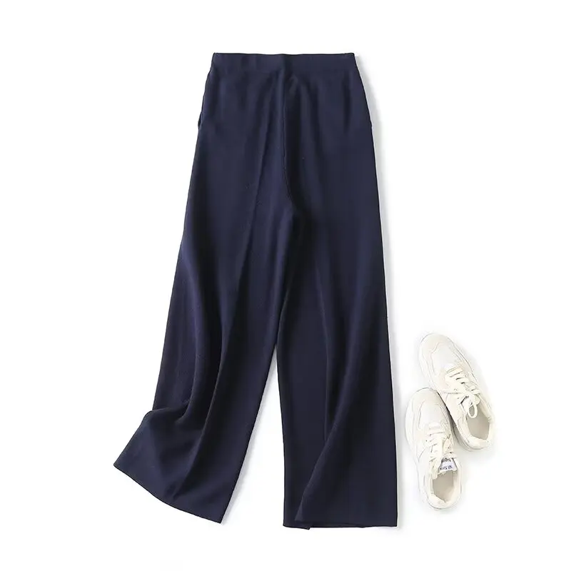 Tangada 2024 Women Blue Sweater Pants Trousers Office Lady Wide Leg Pants 4C026