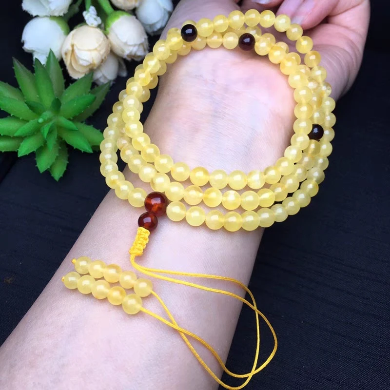 Natural Yellow Amber 108 Prayer Round Beads Bracelet Gemstone 5.5mm Amber Rare Women Men Necklace Love Gift AAAAA