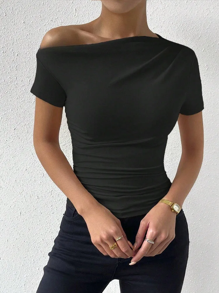 European & American Style Solid Color Ruched One-Shoulder Plus Size Women One-Pie | ChicGrl
