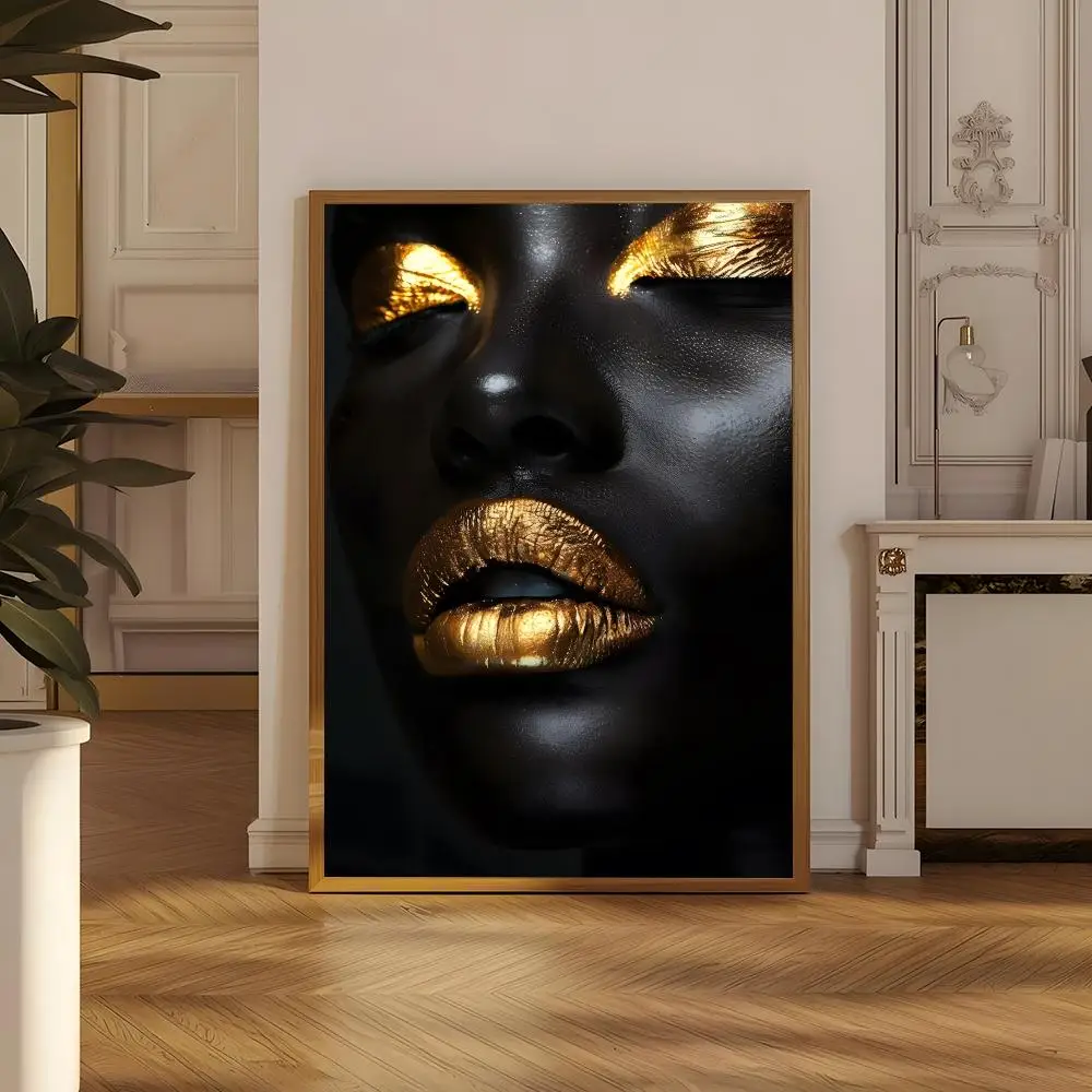 Black Skin Woman Golden Makeup Poster Wall art poster artistic painting for living room home decoration  also ideal as a gift