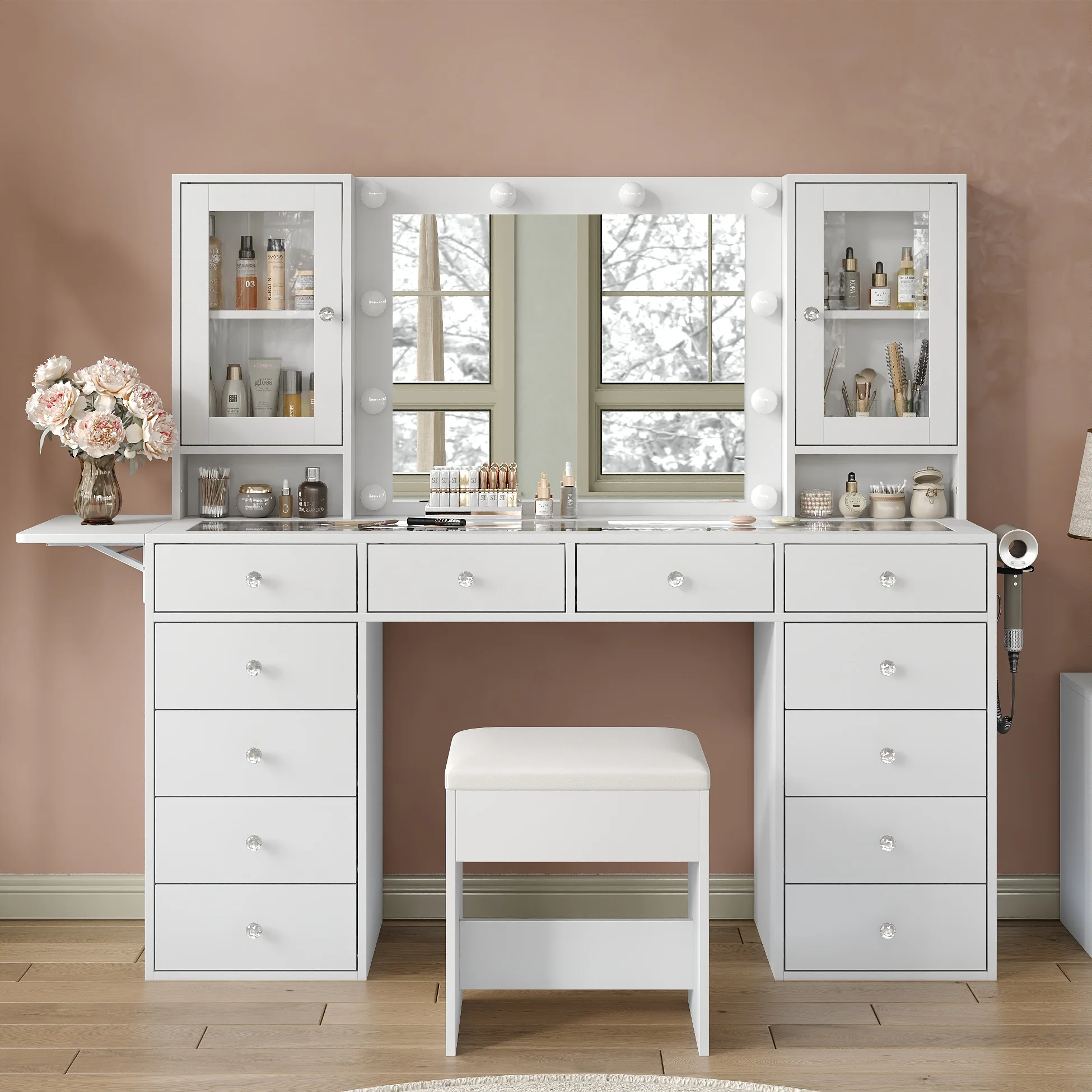 Modern Makeup Vanity Table Set, LED Lighted Mirror with 3 Dimmable Brightness Modes, Multi-Drawer & Open Storage Shelves, Scratch-Resistant Clear Tempered Glass Top with USB Charging Port