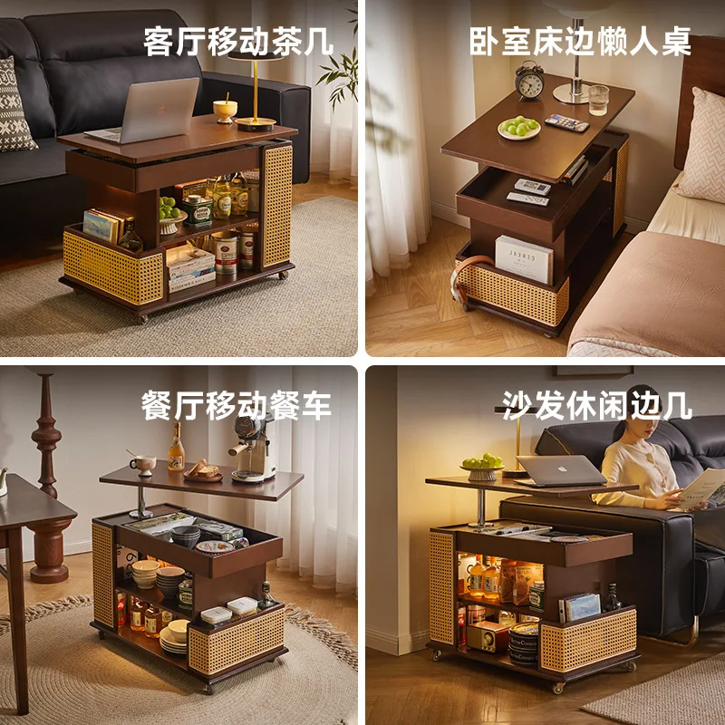 طاولة قهوة متحركة أريكة من الخشب الصلب، وخزانة جانبية لتناول الطعام يمكن رفعها وتدويرها وطاولة شاي لغرفة المعيشة وطاولة دفتر الملاحظات