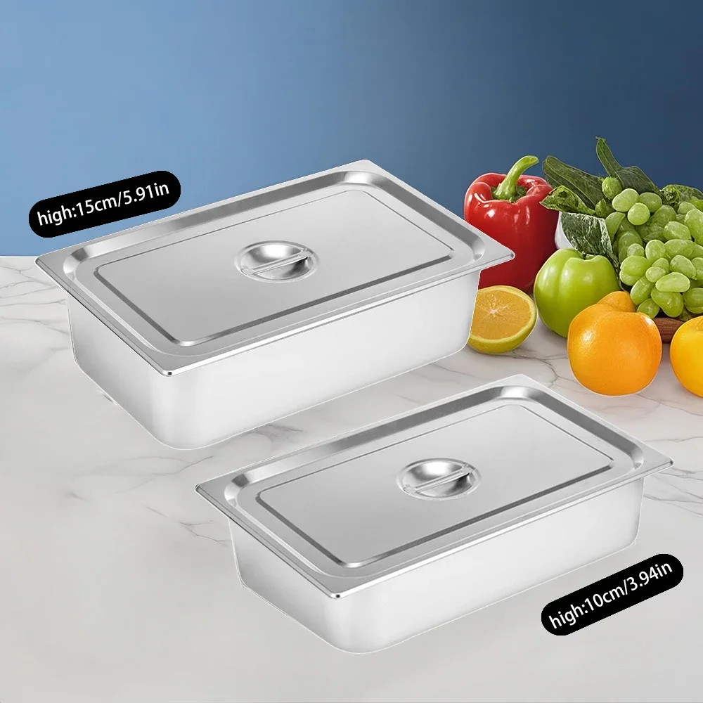 2-Pack Large Stainless Steel Hotel Pot Self-Service Dinner Plate 1/1 Serving Bowl with Lid Restaurant Catering Commercial Buffet