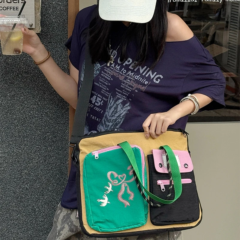 ELFSACK Color‑Block Multi‑Pocket Laptop Tote Bag with Cartoon Ribbon & Bird Print, Functional Casual Briefcase for Daily Commute