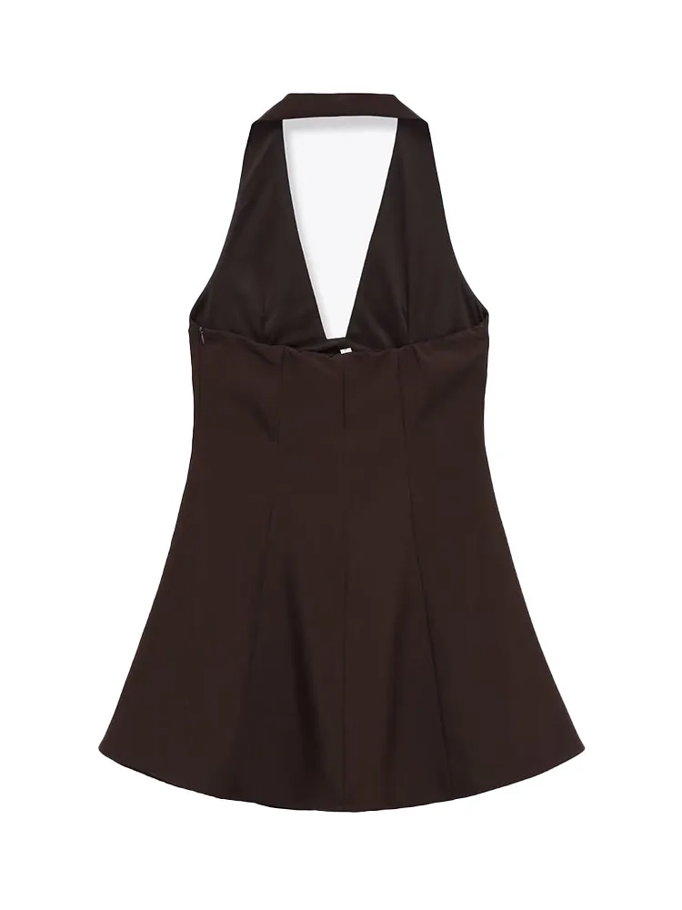 Hh feminino 2025 nova moda fora do ombro dupla camada halterneck sem mangas vestido feminino elegante sexy sem costas zíper vestido curto