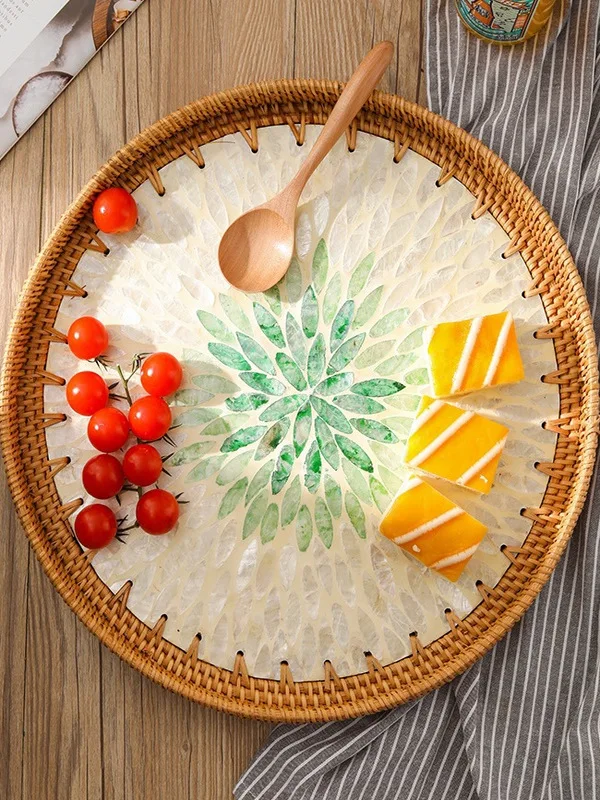Bohemian Style Wicker  Serving Tray Fruit Plate Living Room Coffee Table Storage Frame Dry Fruit Plate Bread Pastry Plate