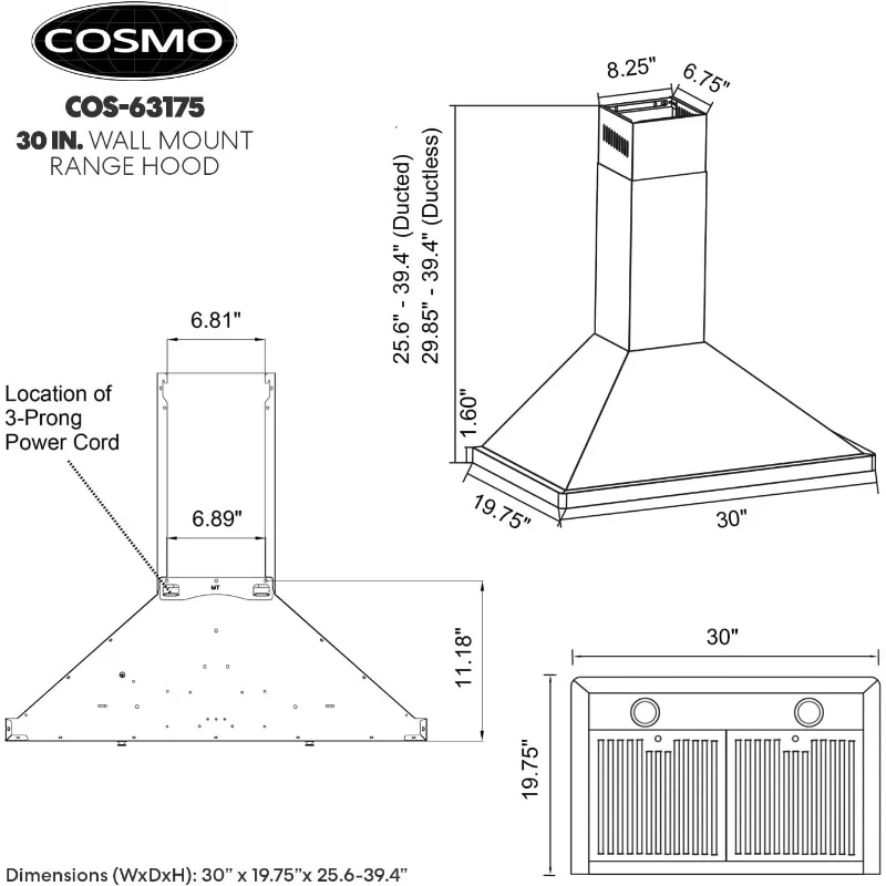 COSMO 63175 30 in. Wall Mount Range Hood with Efficient Airflow, Ducted,3-Speed Fan,Permanent Filters, LED Lights,Chimney Style
