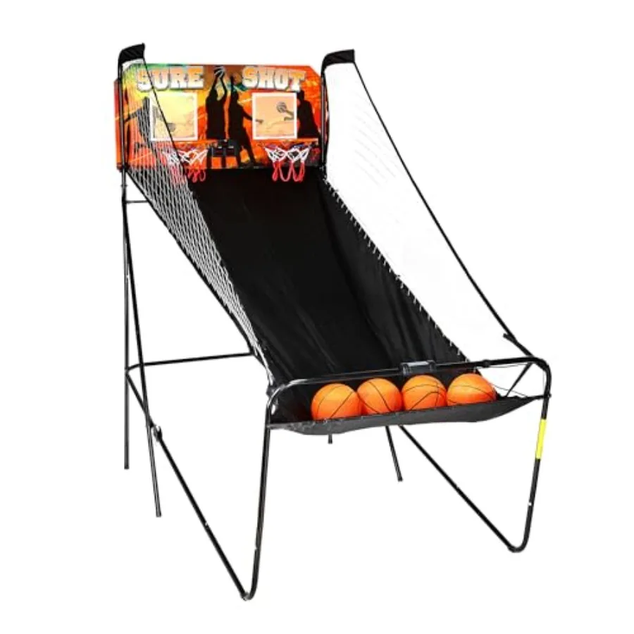 Game Room Dual Basketball Arcade Game - Steel Frame Orange/Black Finish LED Scoring Foldable Design 8 Modes Pump Dual Hoops