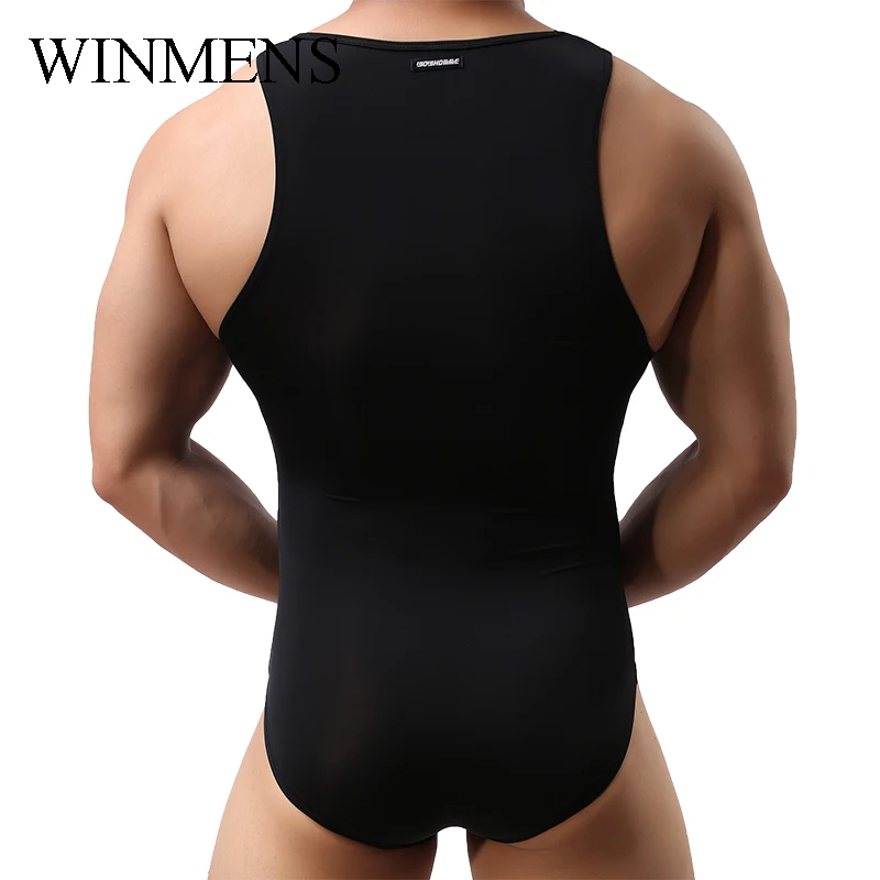 Adult Men's Ultra Thin Jumpsuit Solid Soft Male Sexy Elastic translucence Rompers Summer Sleeveless Sleep Tights Lounge Wear