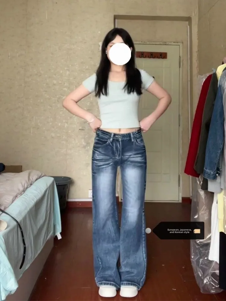 

Loose Women's Bell Bottom Jeans High Waist Denim Pants Crack Wash Summer Fashion Slimming Wide Leg Floor Length Trousers