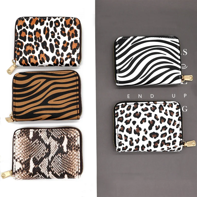 Animal Print PU Card Holder Leopard Zebra Snake Pattern Zipper Accordion Card Wallet for Women ID Bank Cards Cash