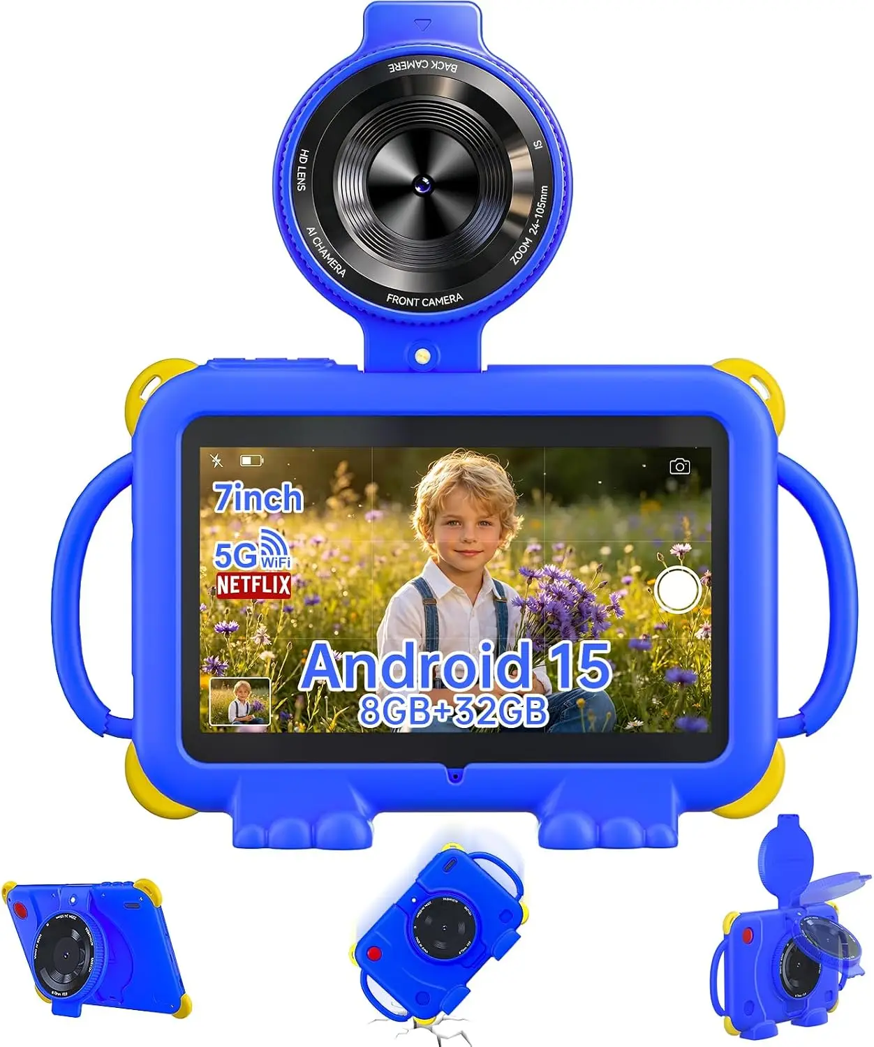 Tablet for Kids 7Inch IPS Display, (3+5GB) RAM+32GB ROM+1TB Expand, Shockproof Case with Handles, Parental Control, Educational Entertainment Apps, Dual Cameras (90° Rotatable Len), Blue