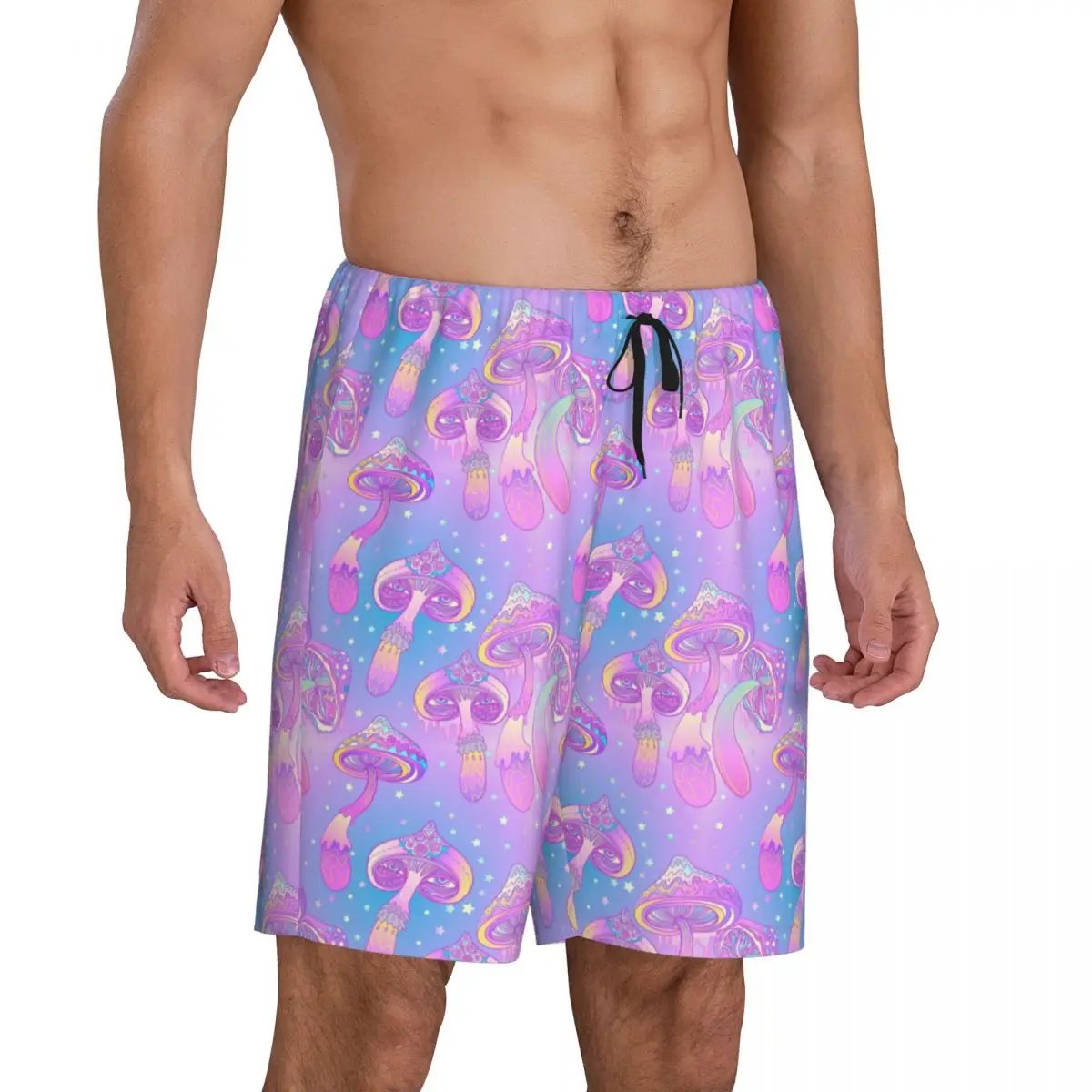 Custom Magic Mushroom Trippy Psychedelic Neon Pastel Goth Pajama Shorts Men's Sleepwear Bottoms Sleep Short Pjs with Pockets