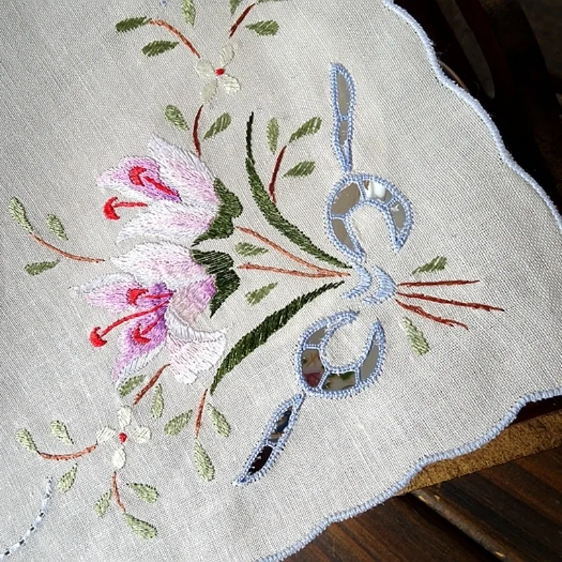 الرجعية الصناعة الثقيلة اليد المطرزة زر قفل الأزهار القوس غطاء من الكتان وشاح مربع 35 سنتيمتر #3