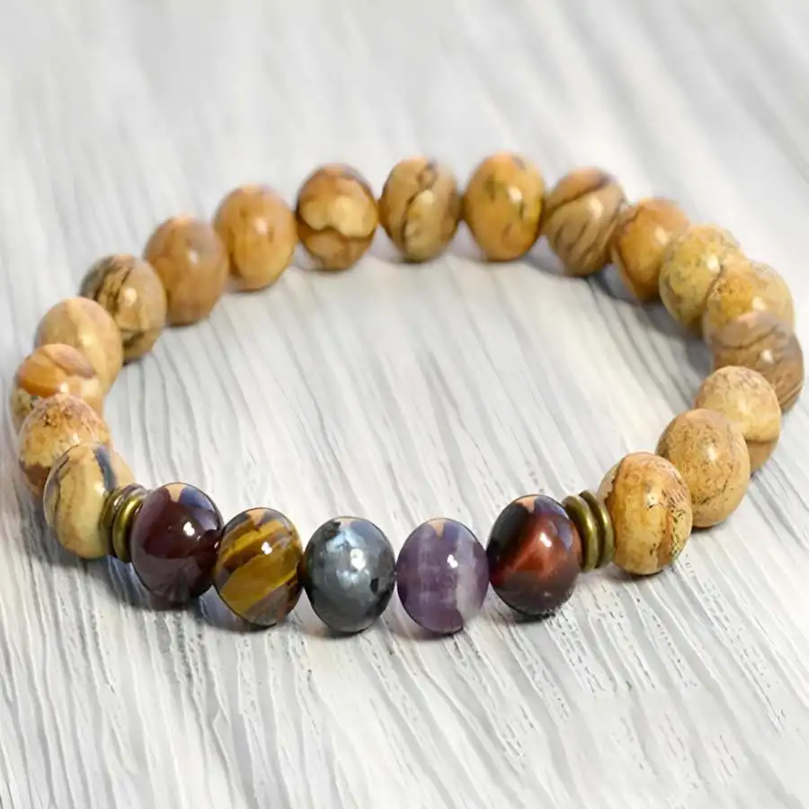 

8mm Picture Jasper Stone Gemstone Mala Bracelet Zen Bohemian Chakra tassel Japa Tibetan Bodhi Buddha Nirvana Stone elastic