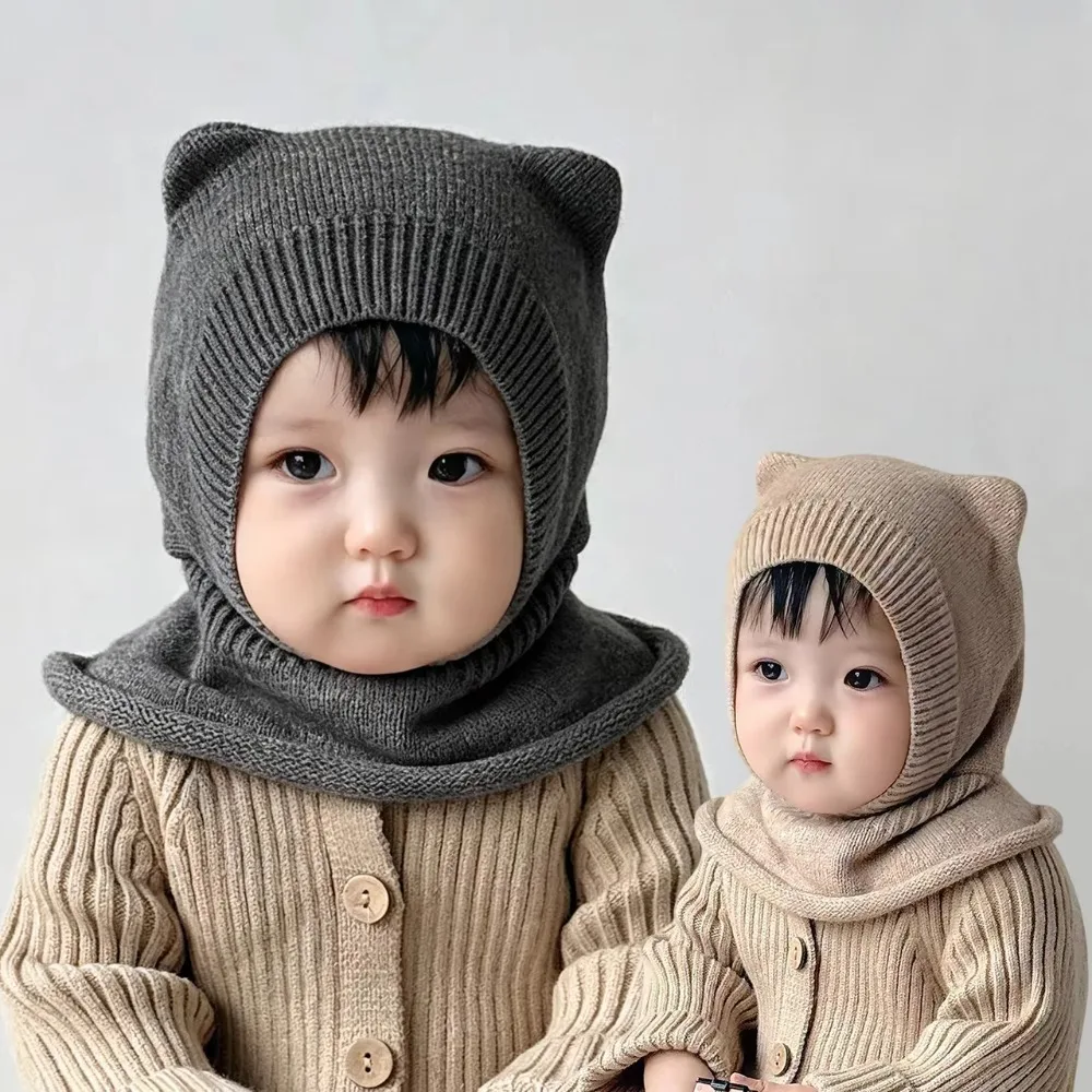 New Warm Woolen Baby Balaclava Hat Solid Color Windproof Knitted Beanie Cap Ear Protection Soft Winter Toddler Hat Boy Girl view 4