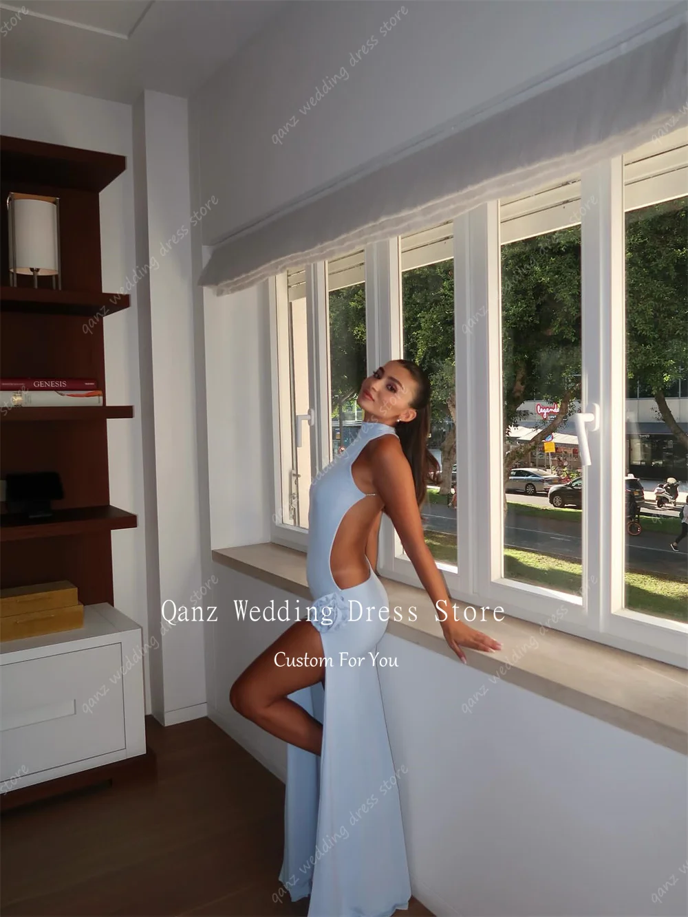 فساتين حفلات حورية البحر المثيرة من Qanz باللون الأزرق السماوي من الساتان بفتحة عالية الساق بدون ظهر مناسبة خاصة للنساء حسب الطلب