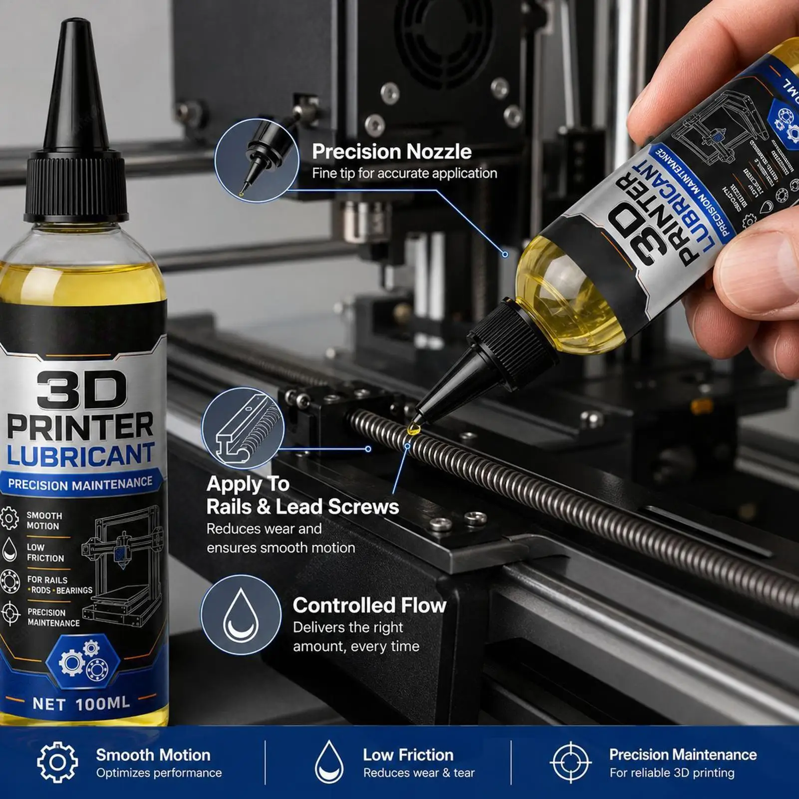 100ml 3D Printer Lube Fast-Acting Long Lasting Portable 3D Printer Lubricating Oil for Lead Screw Guide Rails Linear Rods