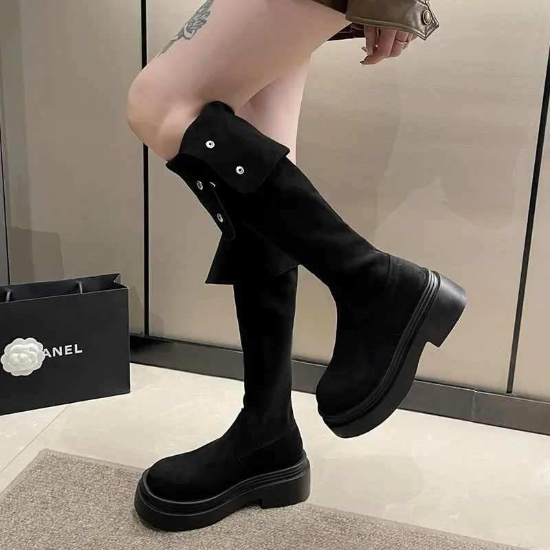 

Elegant High-Tube Boots Women's Fashionable Long-Legging Flip-Cuff Ankle Boots PU Leather round Toe Boots for Autumn