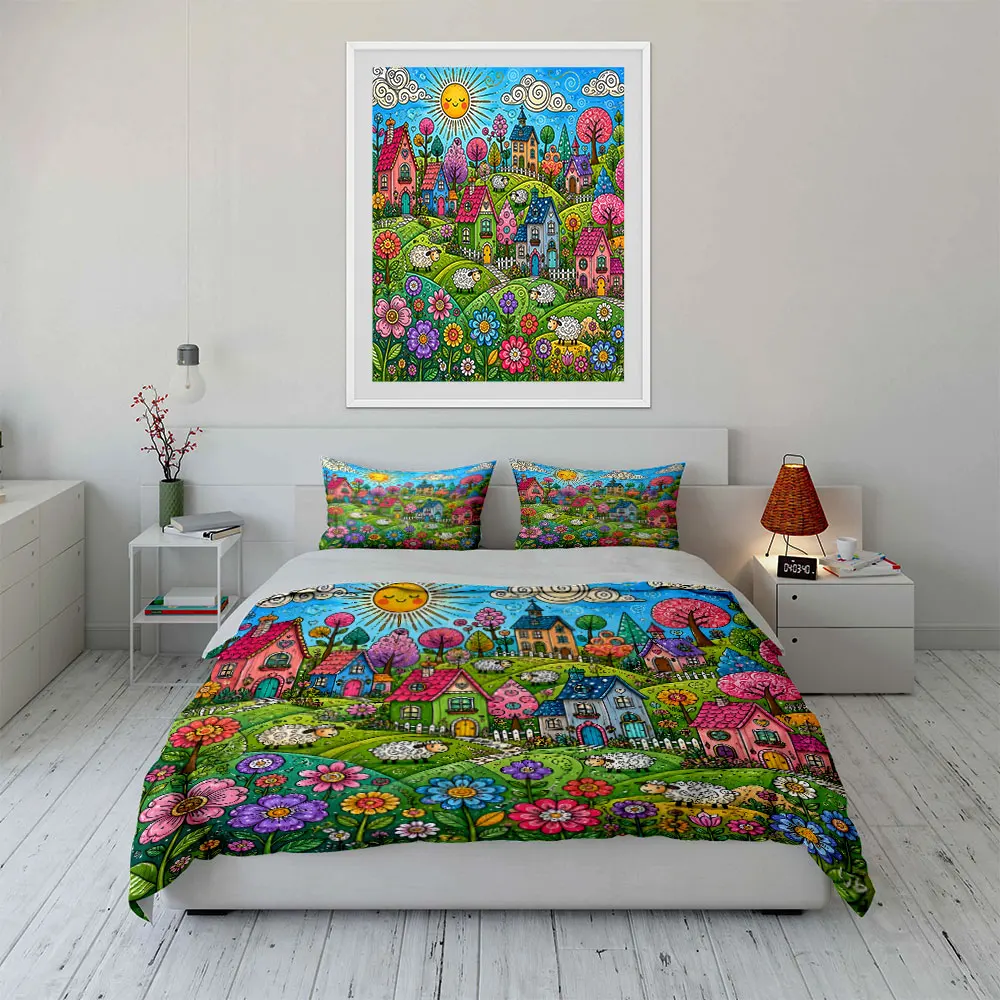 Colorful village and sunshine cartoon Print Soft Comfortable Duvet Cover Bedding Set Included 1*Duvet Cover  2*Pillowcases