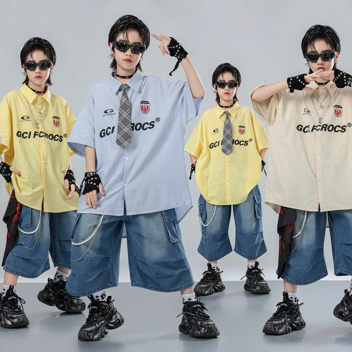Kids Boys Girls Streetwear Hip Hop Short Sleeve Shirt Denim Shorts Jeans Sets Children Tracksuits Costume Performance Clothes