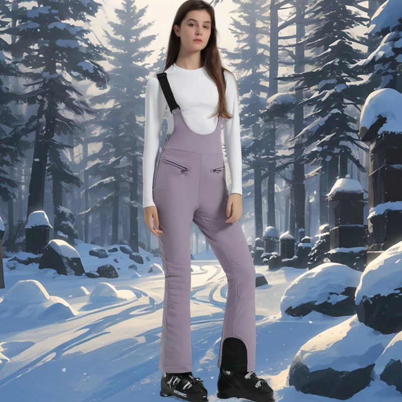 

New Women Strap Ski Pants High Outdoor Elasticity Windproof Waterproof Skiing Trousers Winter Warm Solid Color Snowboard Pants