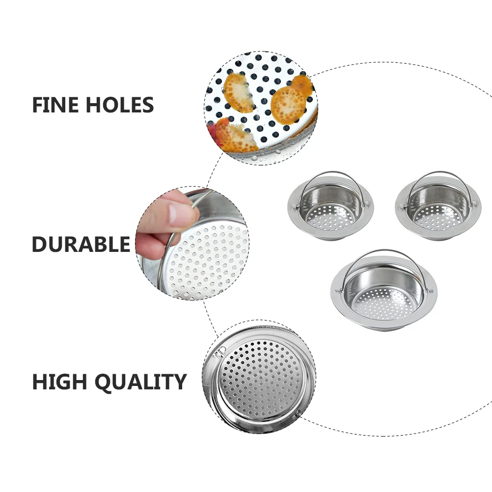 

3 шт., сливные фильтры для кухонной раковины, фильтрующие сетки из нержавеющей стали, пищевые частицы, ловушка для волос, защита от засорения, кухонные принадлежности