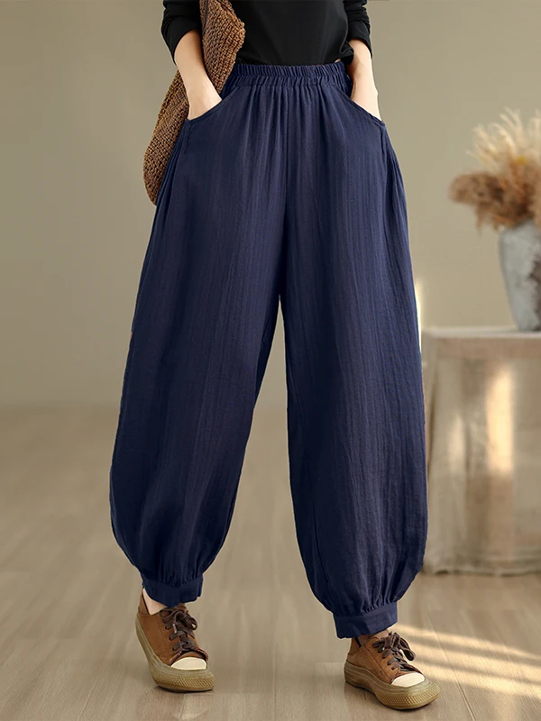 Retro Artistic Wide Leg Lantern Pants Women's Loose Large Size Hiding Hip Slimming Casual Long Pants Cotton Linen Elastic Waist