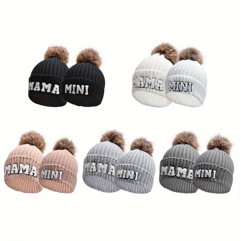 2Pcs Parent & Child Cute Wool Hat - Soft, Thickened, Knitted, Warm, Hairball, Mom & Mini, Christmas Gift, Winter Ski Headwear