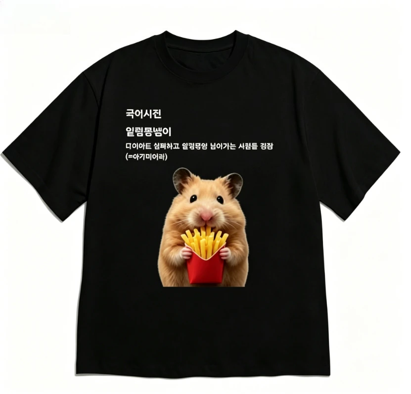 Funny Short Sleeve Hamster French Fries Print T-shirt White Casual Crew Neck Tee with Korean Foodie Dictionary Quote Fashion.