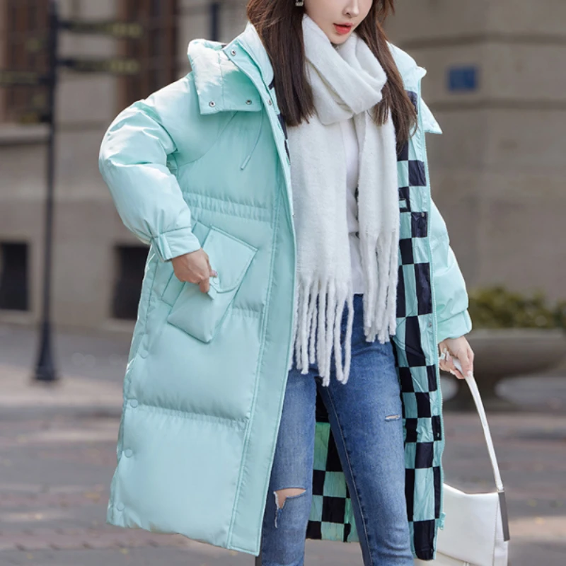 Checkered Down Jacket for Women, Thick Parkas, Warm Coat, Windproof, Long Coats, Female Fashion, Winter, New, 2024