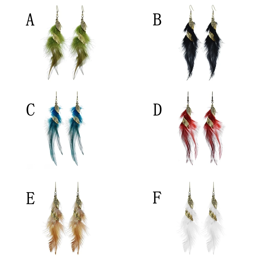 6-color Bohemian Long Feather Earrings Women Fashion Elegant Retro Leaf Feather Hangling Earrings Vacation Accessories