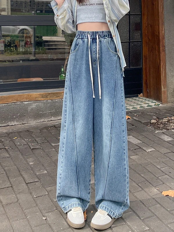 

High Waist Wide Leg Blue Jeans Women's Loose Fit Floor Length Elastic Waist Straight Cut Slimming Casual Jeans Asymmetrical