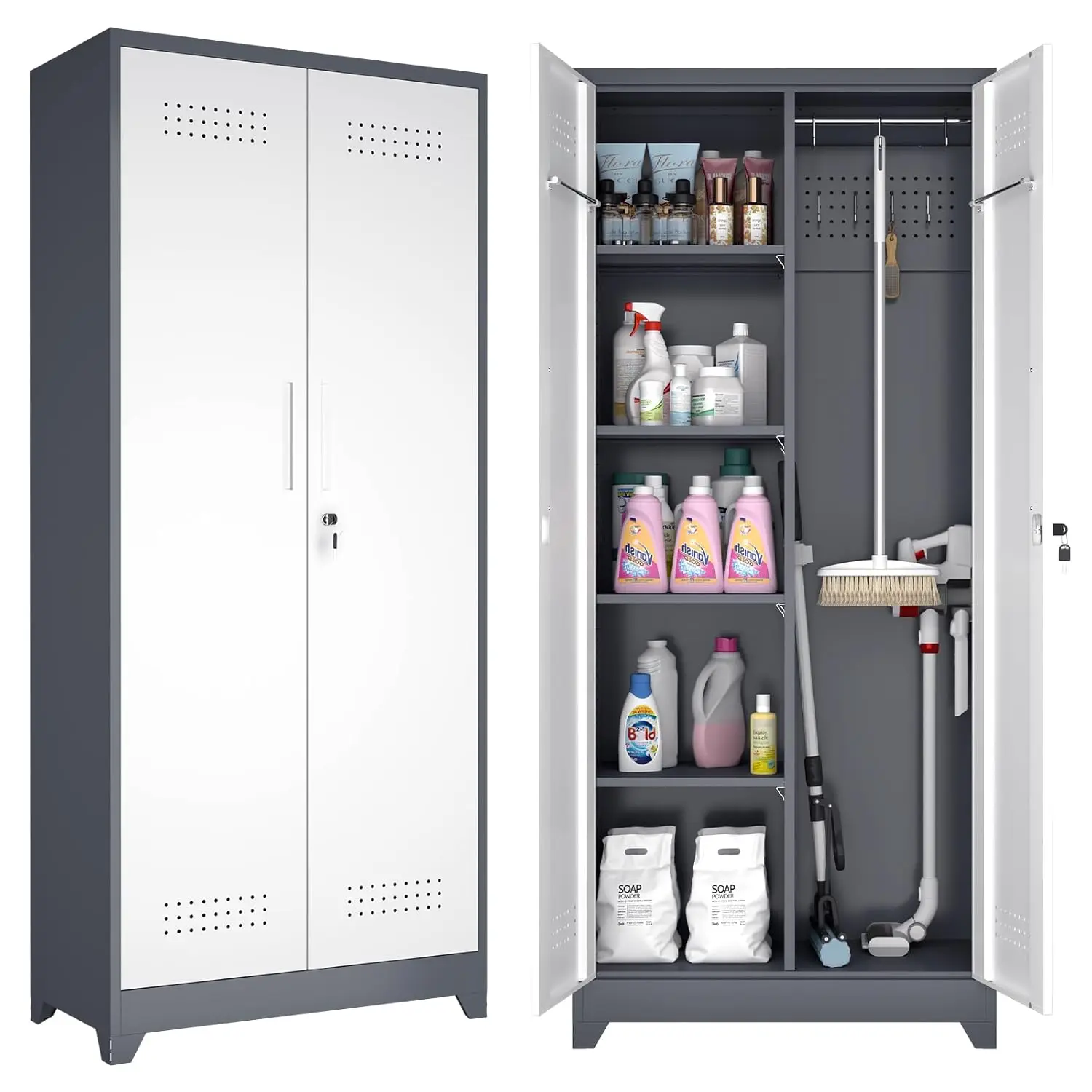 

Tall Metal Storage Cabinet Adjustable Shelves Pegboard Tool Bars Garage Grey White, Customized