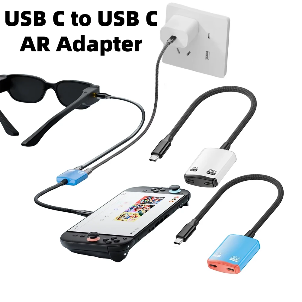 2in1 USB C Adapter for XREAL/VITURE One/RayNeo AR XR Glasses 8K Video PD100W Fast Charging for Switch Game Console Laptop Phone