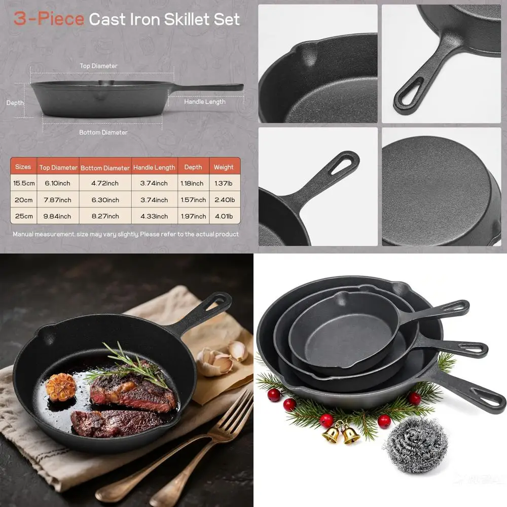 

Sturdy Cast Iron Skillet Set - Versatile Frying Pans for Cooking on Stove, Oven, Grill, and Campfire, Easy Cleaning, Black (5.91