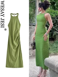 WESAY JESI TRAF Women Summer Fashion Sheath Dresses Green O-Neck Backless Sleeveless Button Zipper Female Sexy Long Dress