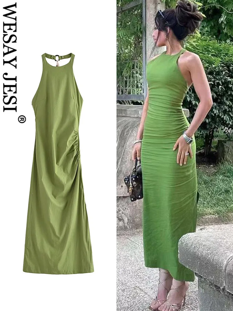 wesay jesi traf vestido longo feminino o gola sem costas sem mangas botao ziper verde sexy moda verao bainha 01