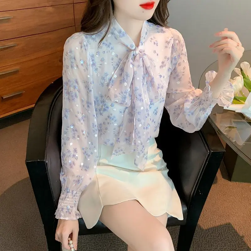 Women's Spring Autumn Bow Lace Up Chic Sweet Button Up Shirt Korean Fashion Print Chiffon Blouse Long Sleeve Tops Blusa Feminina