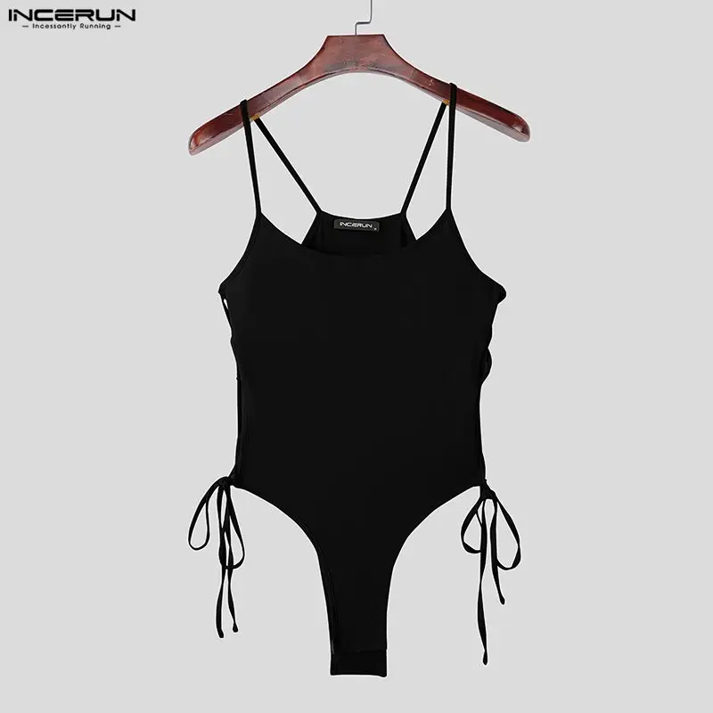 

INCERUN Men Bodysuits Solid Color Sleeveless Lace Up Sexy Male Rompers Playsuits 2026 Summer Hollow Out Fashion Bodysuit S-3XL