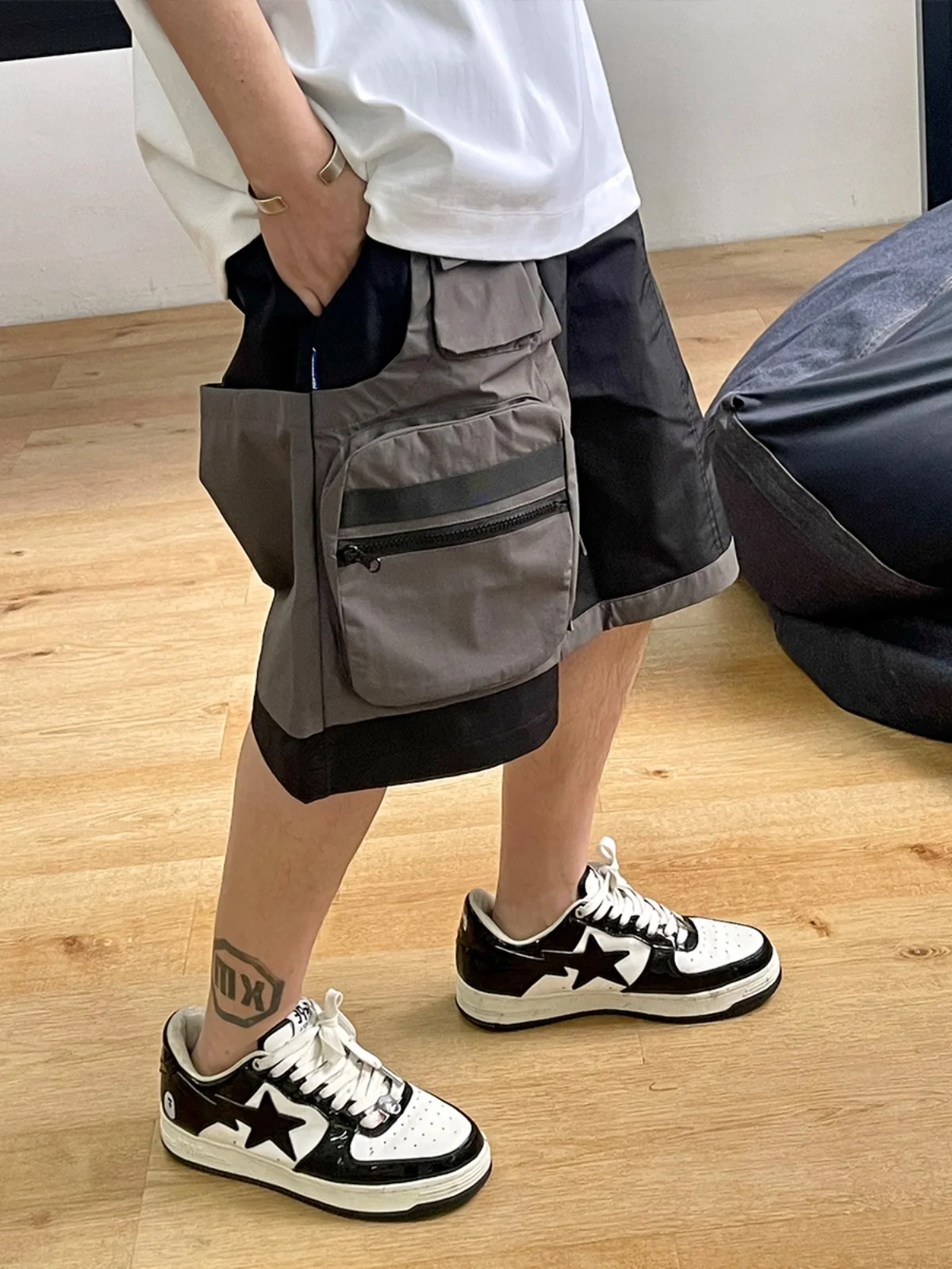 Korean Hip Hop Fake Two Pieces Patchwork Waterproof Cargo Shorts Men Clothing Streetwear Skateboard Shorts Kpop Basketball Pants