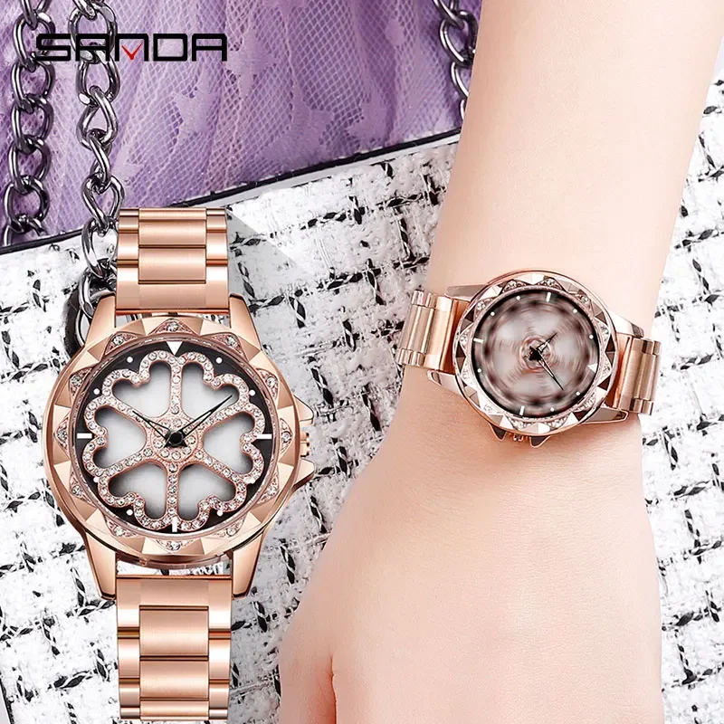 SANDA jam tangan Dial putar bentuk hati wanita elegan jam tangan gelang berlian keren unik kuarsa Relogio Feminino hadiah terbaik