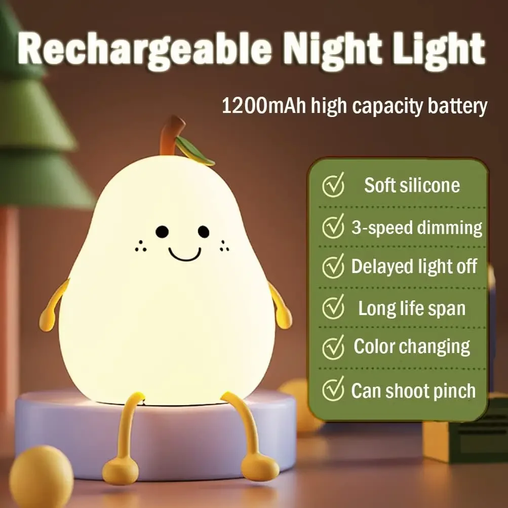 Lovely Mini Led Pear Silicone Lamp Pat Brightness Adjustment Soft Rechargeable Night Light for Kids Gift Room Decoration