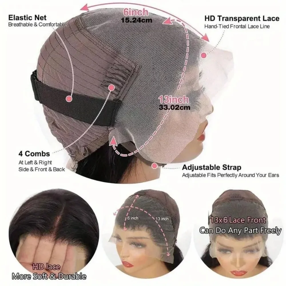 شعر مستعار بدانتيل أمامي شفاف ، شعر بشري ملتف مسبقًا ، موجة عميقة ، 13 × 6 ، كثافة 1 ب