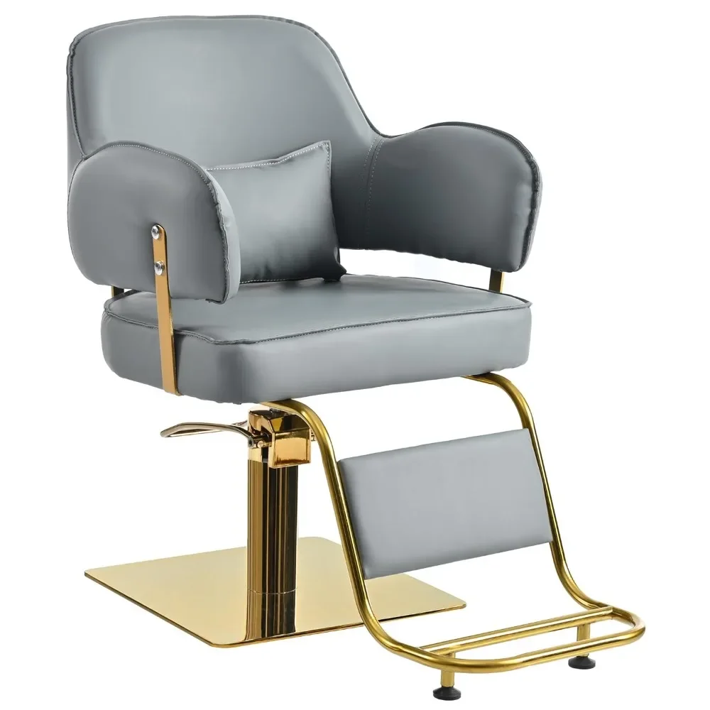 Golden Gray Recliner Chair for Beauty Salon High Density Sponge Padding Extended Footrest Professional Barber Chair Swivel Stool