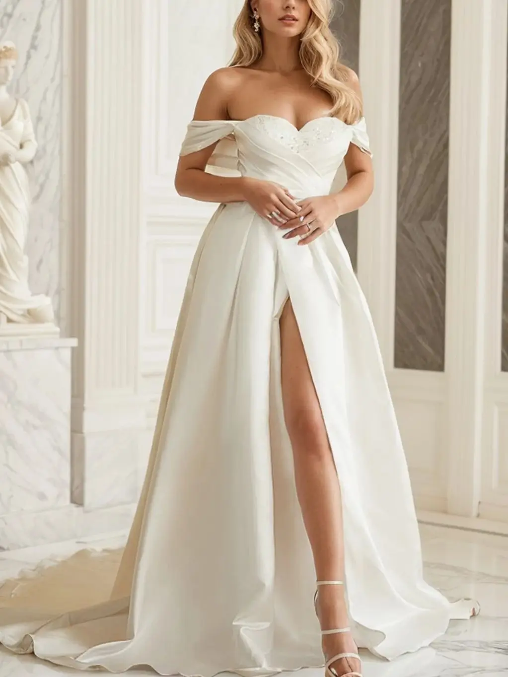 

Elegant A-Line Wedding Dress Satin Off the Shoulder Chapel Train Ruched Cap Sleeve Engagement Bridal Gown 2025 Free Customized