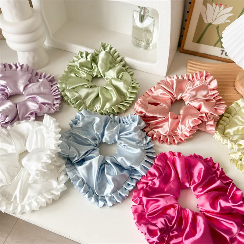 رباط شعر دانتيل مطوي باليه أنيق جديد كبير من الساتان الفرنسي حلقة كبيرة ربطة رأس كروية شريط مطاطي للشعر